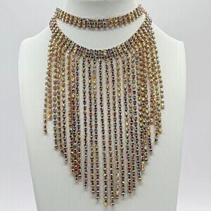 Gold Tone and Rhinestone Fringe Choker/Necklace
